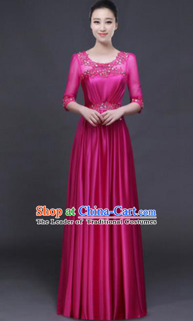 Top Grade Chorus Group Rosy Full Dress, Compere Stage Performance Classical Dance Choir Costume for Women