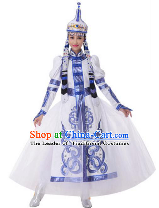 Traditional Chinese Mongol Nationality Dancing Costume and Hat, China Mongolian Minority Folk Dance Ethnic Pleated Skirt for Women
