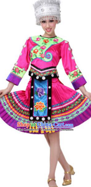 Traditional Chinese Miao Nationality Dancing Costume and Hat, China Hmong Minority Folk Dance Ethnic Pleated Skirt for Women