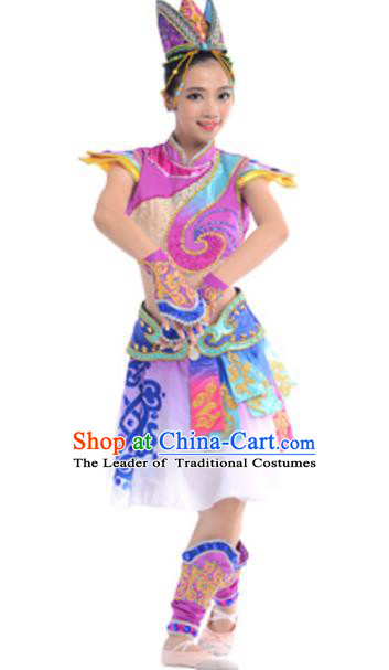 Traditional Chinese Mongols Nationality Costume, Chinese Mongolian Ethnic Dance Purple Clothing for Women