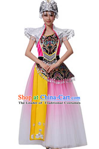 Traditional Chinese Miao Nationality Dance Pink Dress, China Hmong Minority Folk Dance Ethnic Costume and Headwear for Women