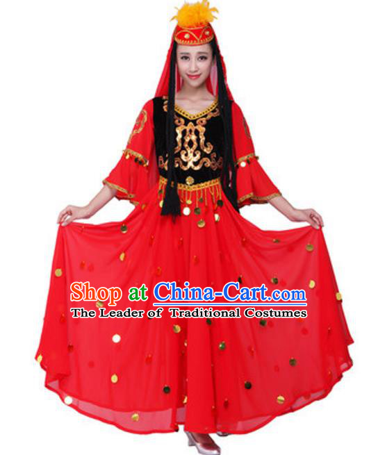 Traditional Chinese Uyghur Nationality Dance Red Dress, China Uigurian Minority Folk Dance Ethnic Costume and Hat for Women