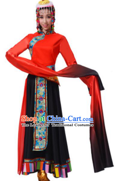 Traditional Chinese Zang Nationality Dance Red Dress, China Tibetan Minority Folk Dance Ethnic Costume and Headwear for Women