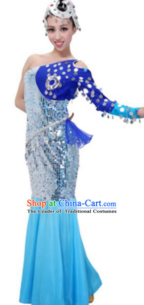 Traditional Chinese Dai Nationality Princess Clothing, China Dai Minority Peacock Dance Ethnic Costume and Headwear for Women