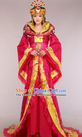 Traditional Chinese Ancient Queen Rosy Costume Tang Dynasty Empress Historical Clothing and Headpiece Complete Set