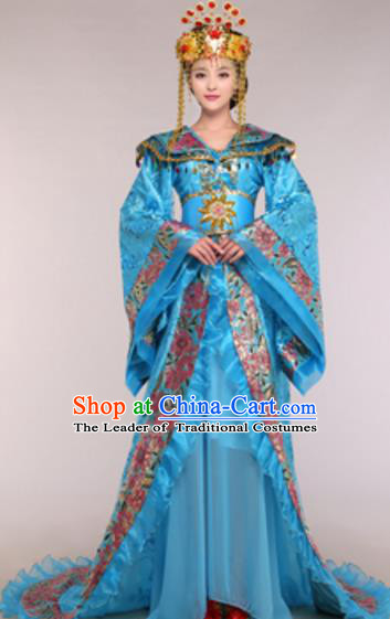 Traditional Chinese Ancient Queen Blue Costume Tang Dynasty Empress Historical Clothing and Headpiece Complete Set