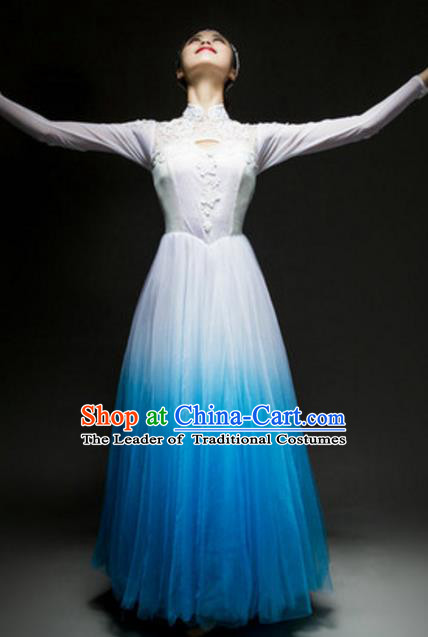 Top Grade Chorus Group Choir Blue Full Dress, Compere Stage Performance Classical Dance Costume for Women