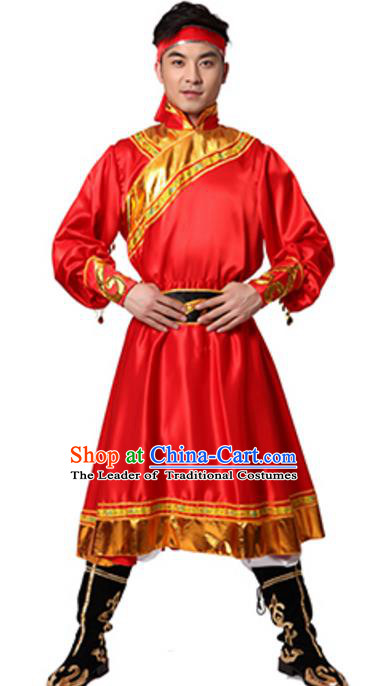 Traditional Chinese Mongolian Nationality Ethnic Clothing, China Mongols Minority Folk Dance Red Costume for Men