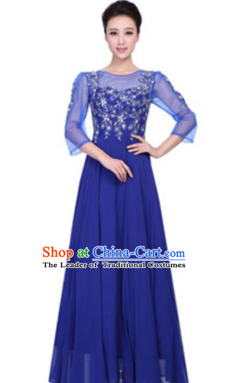Top Grade Chinese Chorus Group Big Swing Blue Dress, Compere Stage Performance Choir Costume for Women