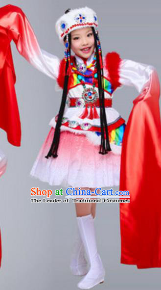 Traditional Chinese Zang Nationality Children Costume, Chinese Tibetan Ethnic Dance Dress for Kids