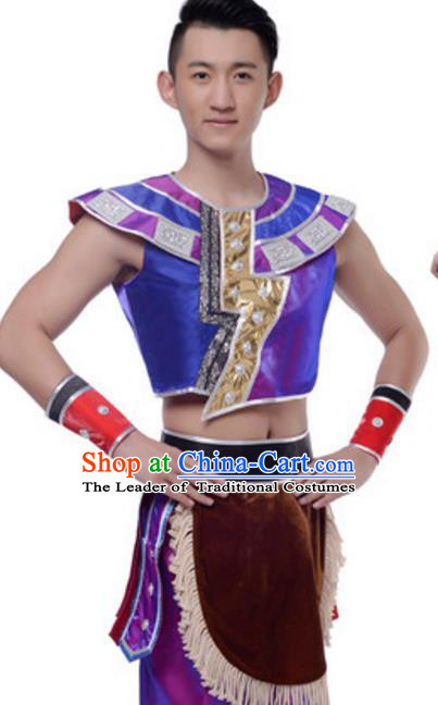 Traditional Chinese Dai Nationality Costume, Chinese Dai Ethnic Dance Purple Clothing for Men