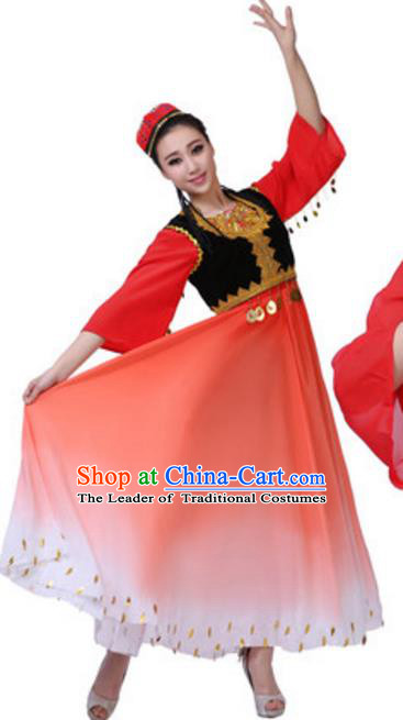 Traditional Chinese Uyghur Nationality Red Dress, China Uigurian Ethnic Dance Costume and Hat for Women