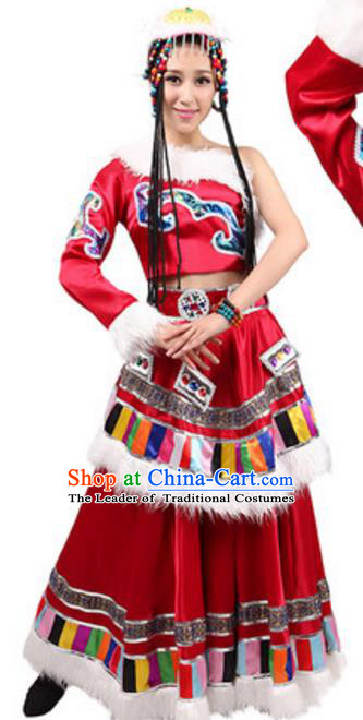 Traditional Chinese Zang Nationality Red Dress, China Tibetan Ethnic Dance Costume and Hat for Women