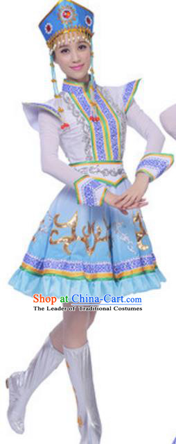 Traditional Chinese Mongol Nationality Dress, China Mongolian Ethnic Dance Costume and Hat for Women