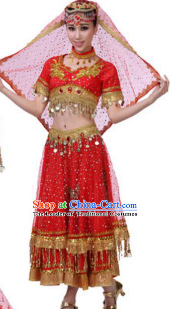 Traditional Chinese Uigurian Nationality Red Dress, China Uyghur Ethnic Dance Costume and Headwear for Women