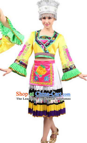 Traditional Chinese Miao Nationality Dance Pleated Skirt, Chinese Hmong Ethnic Folk Dance Clothing for Women