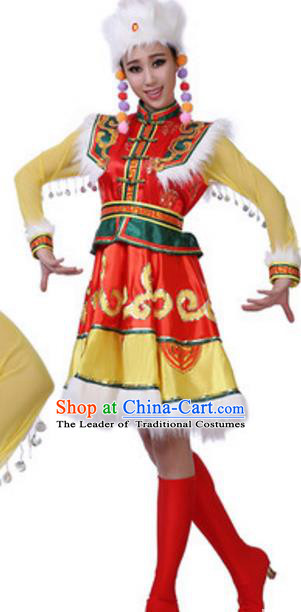 Traditional Chinese Mongols Nationality Female Dress, China Mongolian Ethnic Dance Costume and Headwear for Women