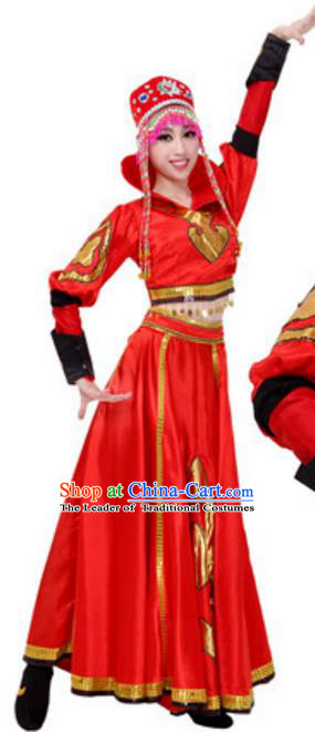 Traditional Chinese Mongols Nationality Female Red Dress, China Mongolian Ethnic Dance Costume and Headwear for Women