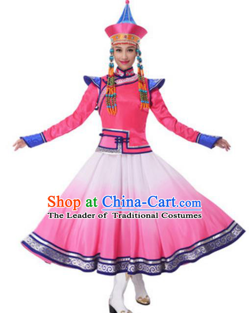 Traditional Chinese Mongol Nationality Princess Pink Dress, China Mongolian Ethnic Dance Costume and Headwear for Women