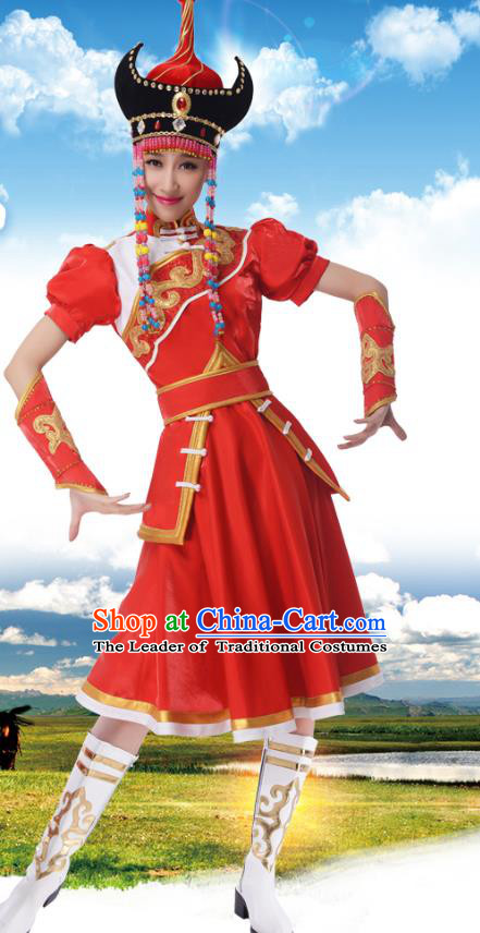 Traditional Chinese Mongols Nationality Princess Red Dress, China Mongolian Minority Ethnic Dance Costume and Headwear for Women