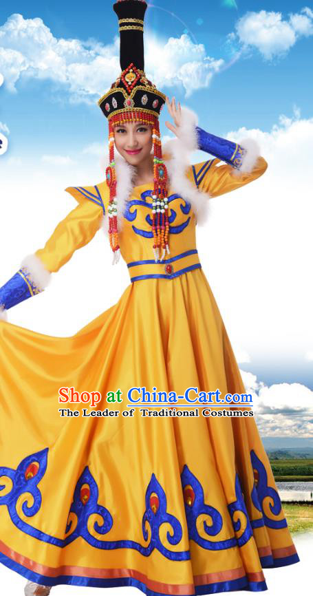 Traditional Chinese Mongols Nationality Princess Yellow Dress, China Mongolian Minority Ethnic Dance Costume and Headwear for Women