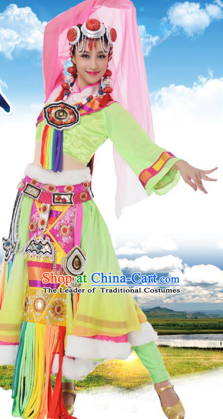 Traditional Chinese Zang Nationality Princess Green Dress, China Tibetan Minority Ethnic Dance Costume and Headwear for Women