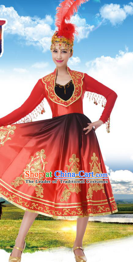 Traditional Chinese Uigurian Nationality Princess Red Dress, China Uyghur Minority Ethnic Dance Costume and Headwear for Women
