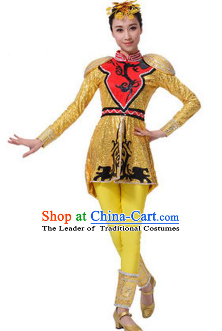 Chinese Traditional Mongol Nationality Yellow Clothing, China Mongolian Minority Drum Dance Costume and Headpiece for Women