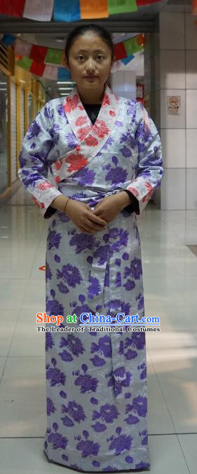 Chinese Traditional Zang Nationality Purple Brocade Dress, China Tibetan Heishui Dance Costume for Women