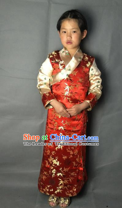 Chinese Traditional Zang Nationality Costume Red Brocade Dress, China Tibetan Ethnic Clothing for Kids