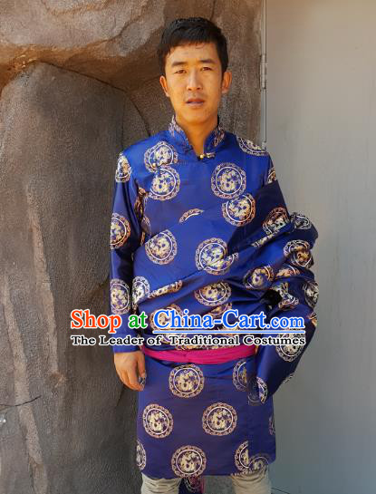 Chinese Traditional Zang Nationality Costume Blue Brocade Tibetan Robe, China Tibetan Ethnic Clothing for Men