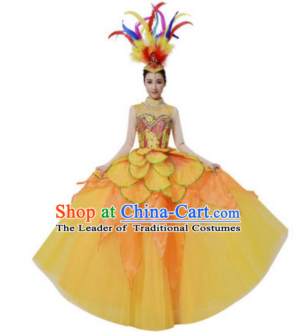 Top Grade Chinese Classical Dance Yellow Dress Stage Performance Lotus Dance Costume for Women
