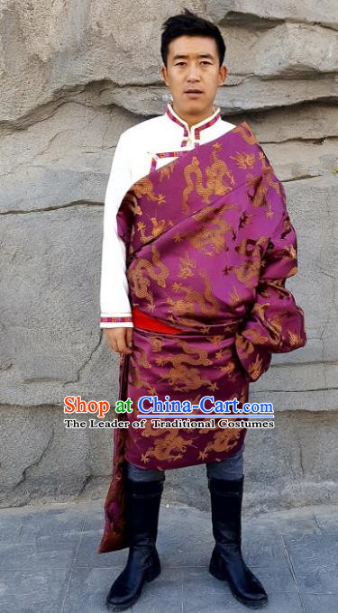 Chinese Traditional Zang Nationality Costume, China Tibetan Ethnic Purple Dragons Brocade Robe for Men