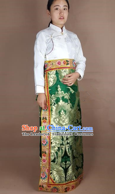 Chinese Traditional Zang Nationality Clothing Green Brocade Bust Skirt, China Tibetan Ethnic Heishui Dance Costume for Women