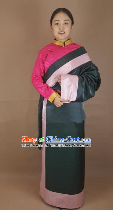 Chinese Traditional Zang Nationality Clothing Atrovirens Silk Tibetan Robe, China Tibetan Ethnic Heishui Dance Costume for Women