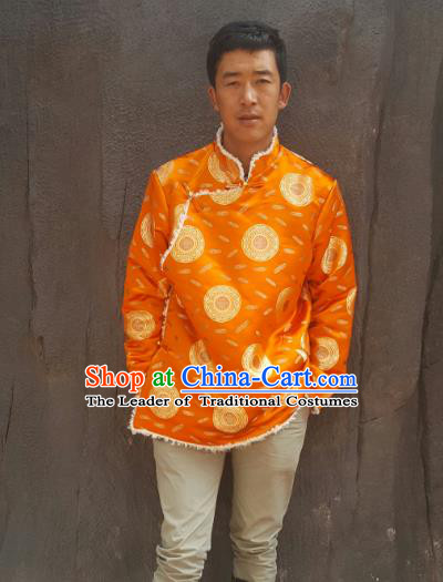 Chinese Traditional Zang Nationality Costume Yellow Cotton-padded Jacket, China Tibetan Ethnic Clothing for Men