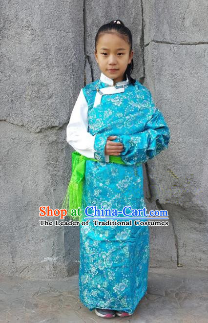 Chinese Traditional Zang Nationality Children Costume, China Tibetan Ethnic Blue Brocade Dress for Kids