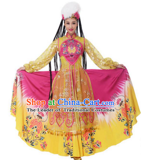 Chinese Traditional Uyghur Nationality Yellow Dress, China Uigurian Minority Ethnic Dance Costume and Headpiece for Women