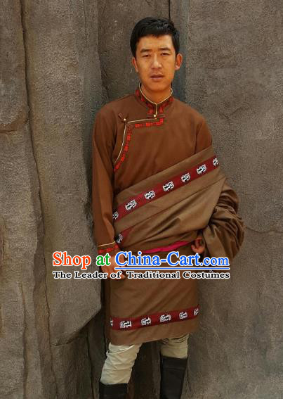 Chinese Traditional Zang Nationality Male Brown Costume, China Tibetan Heishui Dance Ethnic Clothing for Men