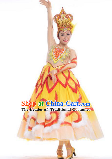 Top Grade Modern Dance Yellow Dress Stage Performance Flowers Dance Costume for Women