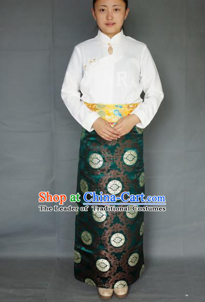 Chinese Traditional Zang Nationality Green Brocade Skirt, China Tibetan Heishui Dance Costume for Women