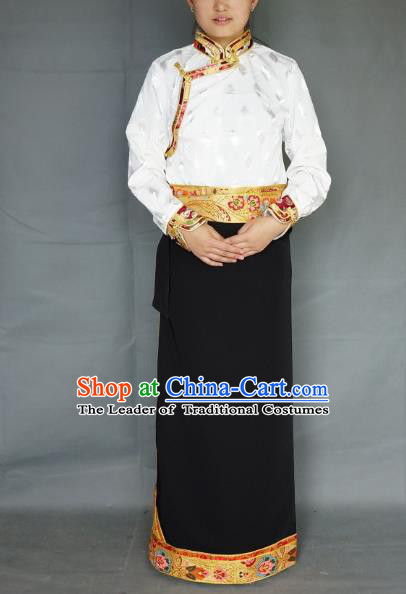 Chinese Traditional Zang Nationality Black Brocade Skirt, China Tibetan Heishui Dance Costume for Women