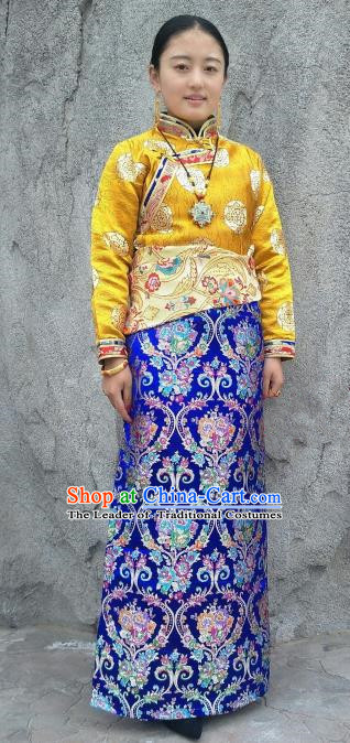 Chinese Traditional Zang Nationality Royalblue Brocade Bust Skirt, China Tibetan Heishui Dance Costume for Women