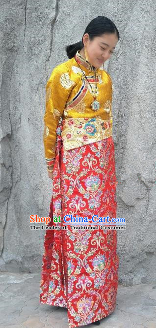 Chinese Traditional Zang Nationality Red Brocade Bust Skirt, China Tibetan Heishui Dance Costume for Women