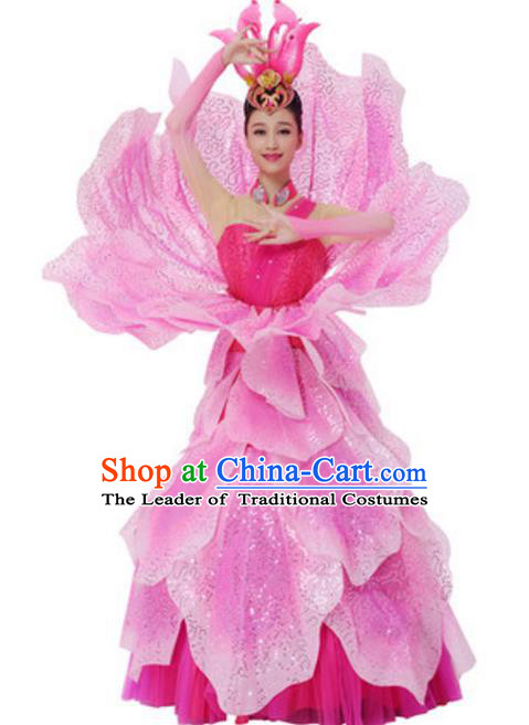 Top Grade Modern Dance Pink Dress Stage Performance Lotus Dance Costume for Women