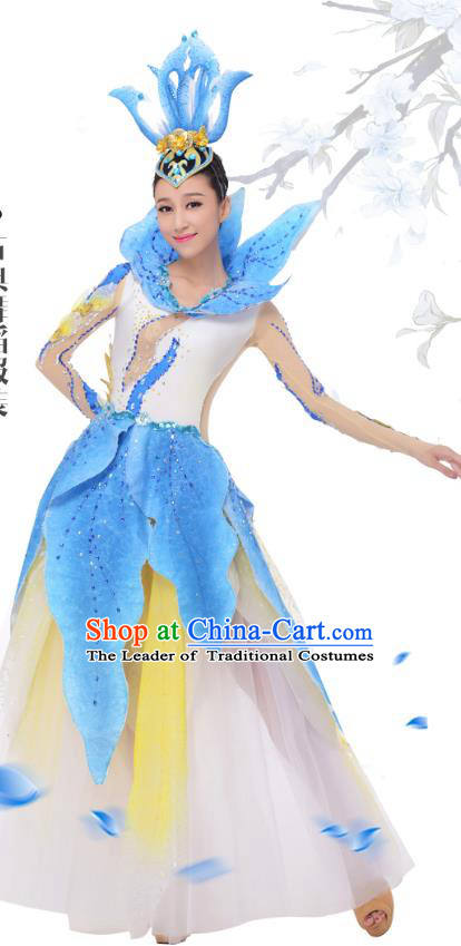 Top Grade Chinese Classical Dance Blue Dress Stage Performance Lotus Dance Costume for Women