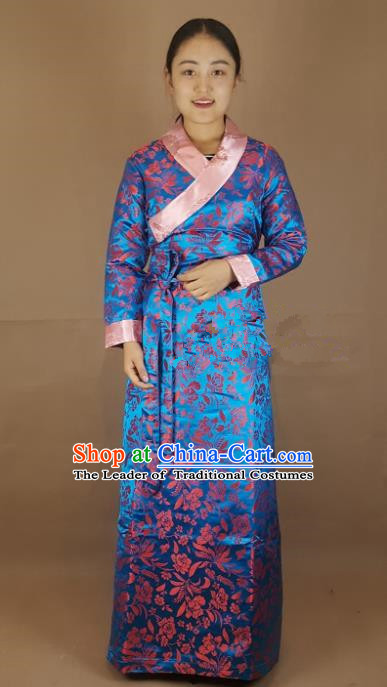 Chinese Traditional Zang Nationality Heishui Dance Costume, China Tibetan Blue Brocade Dress for Women