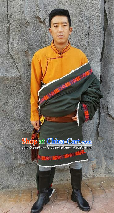 Chinese Traditional Zang Nationality Costume, China Tibetan Ethnic Clothing Atrovirens Tibetan Robe for Men