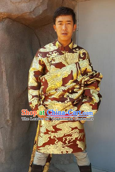 Chinese Traditional Zang Nationality Wedding Costume, China Tibetan Ethnic Embroidered Dragon Brown Tibetan Robe for Men