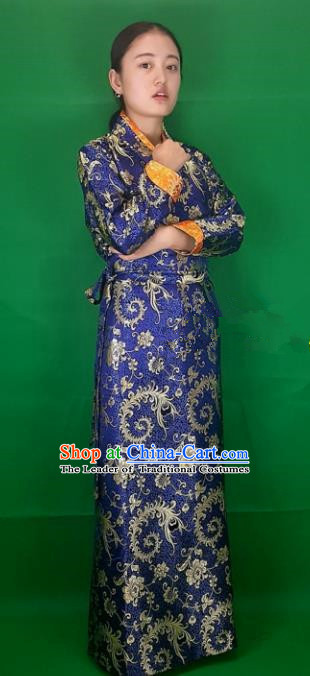 Chinese Traditional Zang Nationality Heishui Dance Costume, China Tibetan Royalblue Brocade Dress for Women